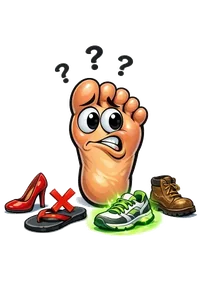 Cartoon foot confused about shoe choices