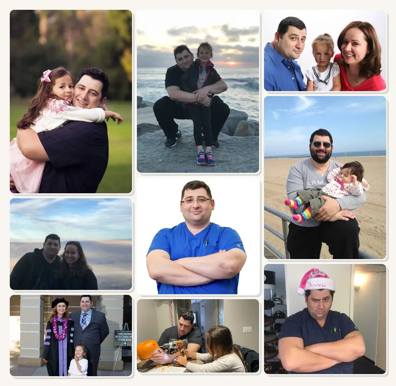Dr. Grigoriy Patish — in scrubs at work, with family at the beach, at a graduation, and at home with his kids